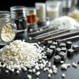 Close-up of ABS plastic in various forms like sheets, rods, and molded parts with a smooth, glossy finish and multiple colors.