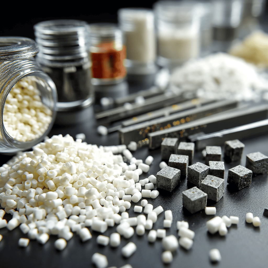 Close-up of ABS plastic in various forms like sheets, rods, and molded parts with a smooth, glossy finish and multiple colors.