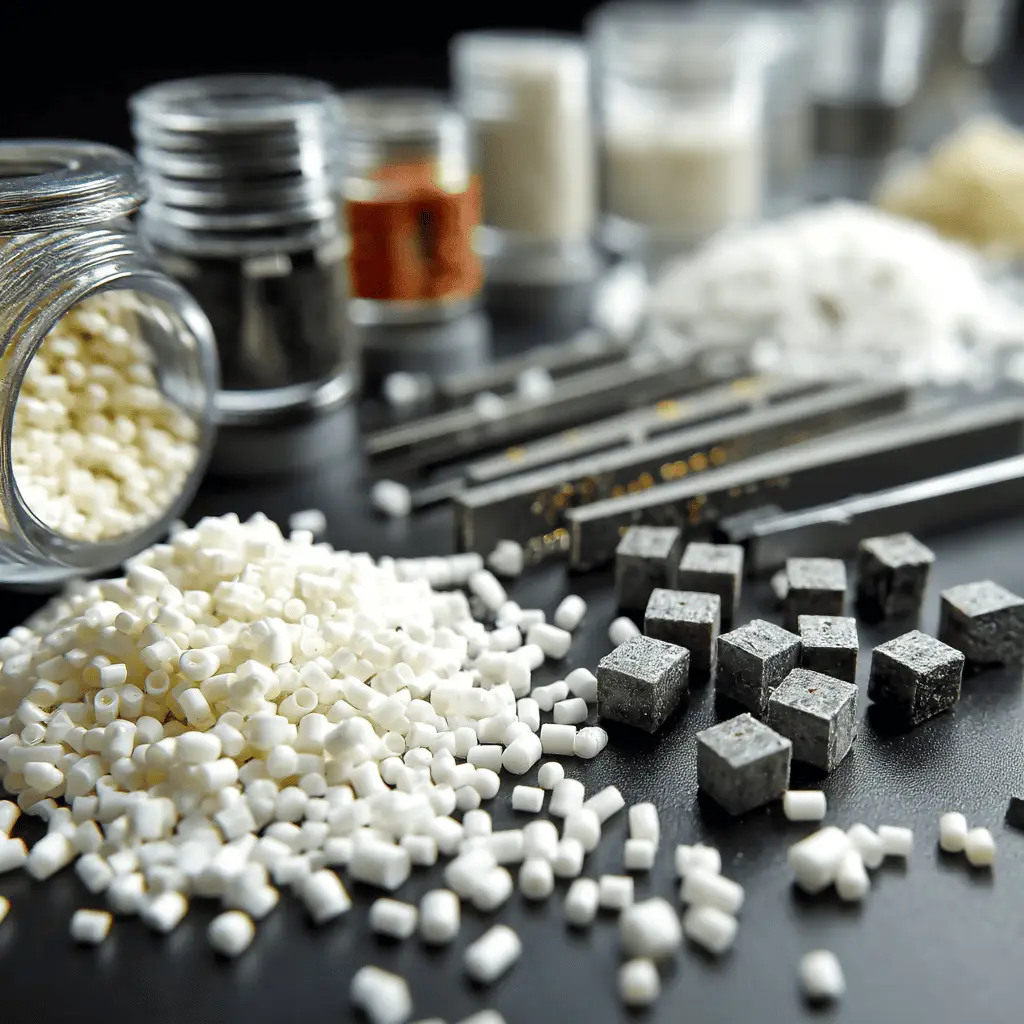 Close-up of ABS plastic in various forms like sheets, rods, and molded parts with a smooth, glossy finish and multiple colors.