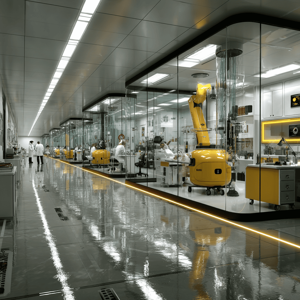 Futuristic laboratory with scientists examining advanced plastic materials like PEEK and PPS using high-tech equipment.