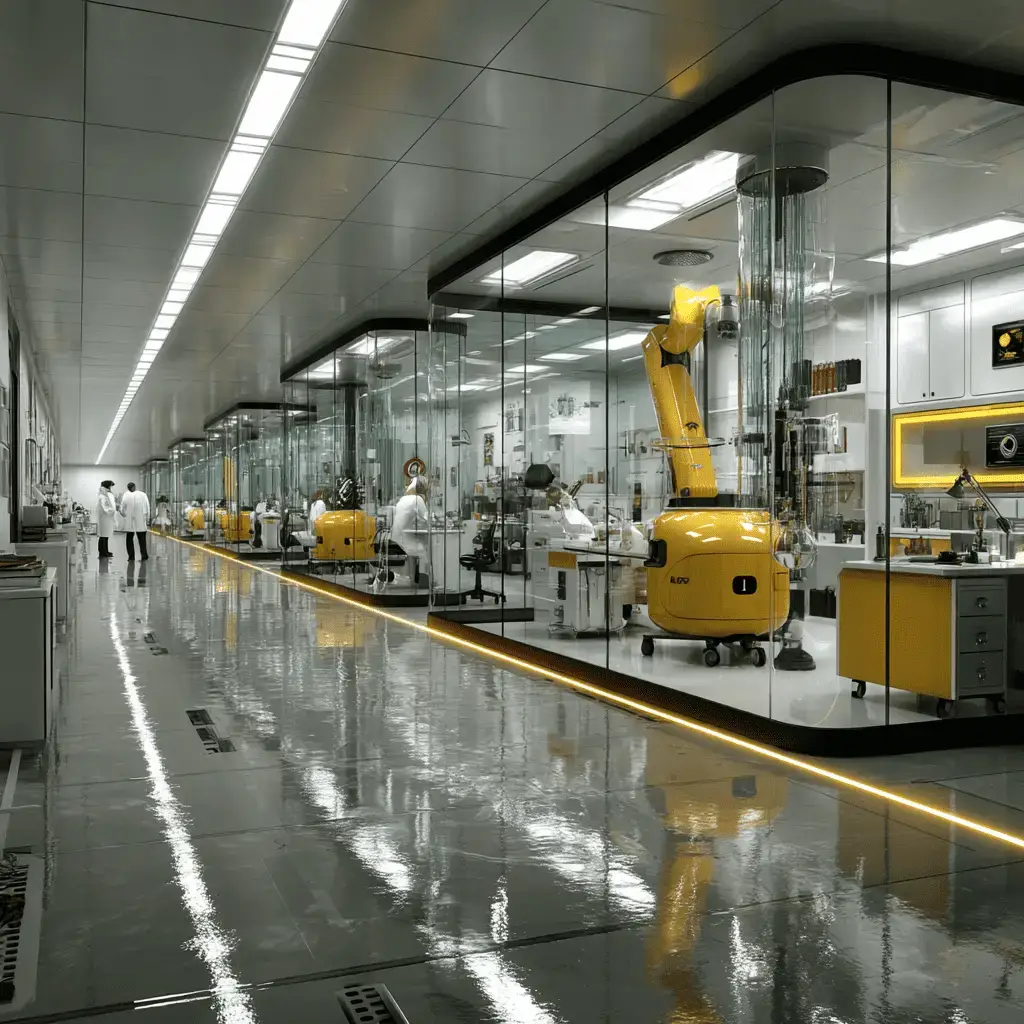 Futuristic laboratory with scientists examining advanced plastic materials like PEEK and PPS using high-tech equipment.