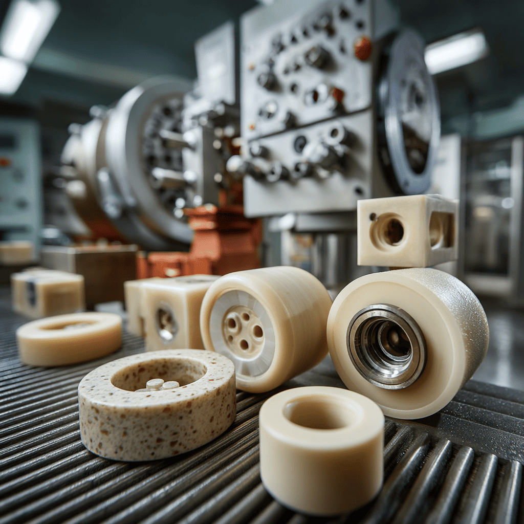 Close-up of PEEK plastic components showcasing strength, heat resistance, and chemical inertness used in aerospace and automotive industries.
